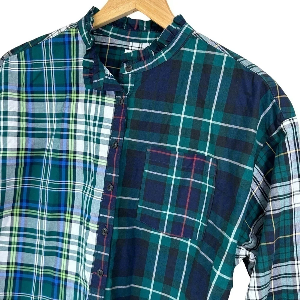 GAP Double Plaid Cropped Holiday Ruffle Neck Button Front Blouse, Size XL, 12